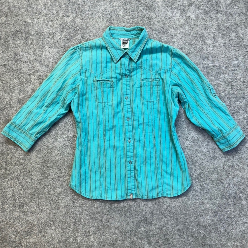 The North Face Button Up Shirt Womens M Teal Stripe Excellent A-Series Western
